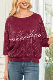 Solid Color Sequined Loose Round Neck Casual Top