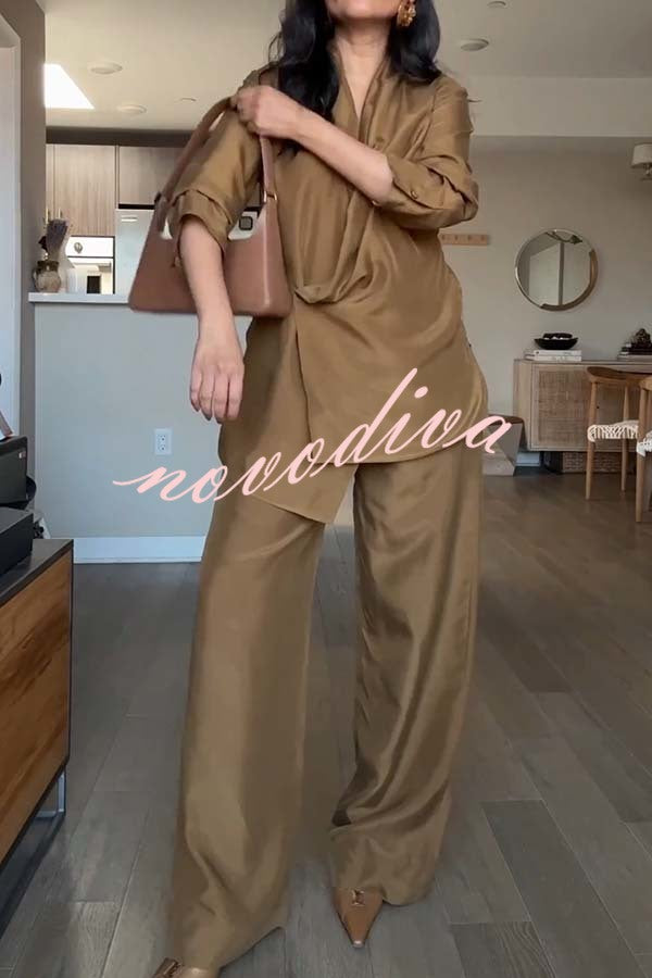 Bella Satin Drape Collar Single Button Casual Blazer and Elastic Waist Pocket Loose Pants Set