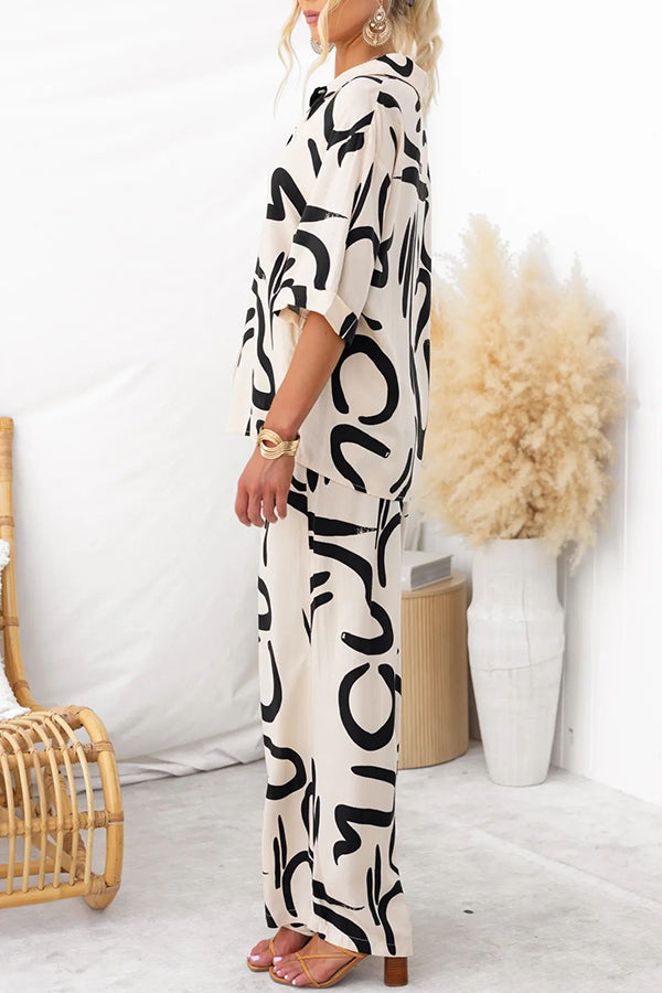 Irregular Printed Button Pocket Long Sleeved Shirt and Elastic Waist Pants Set