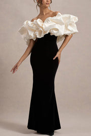 Cecily Velvet Off Shoulder Satin Structured Bardot Neck Stretch Maxi Dress