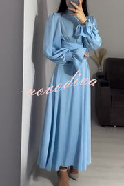 Solid Color Ruffled Sleeves Waisted Tie Slim Fit Maxi Dress