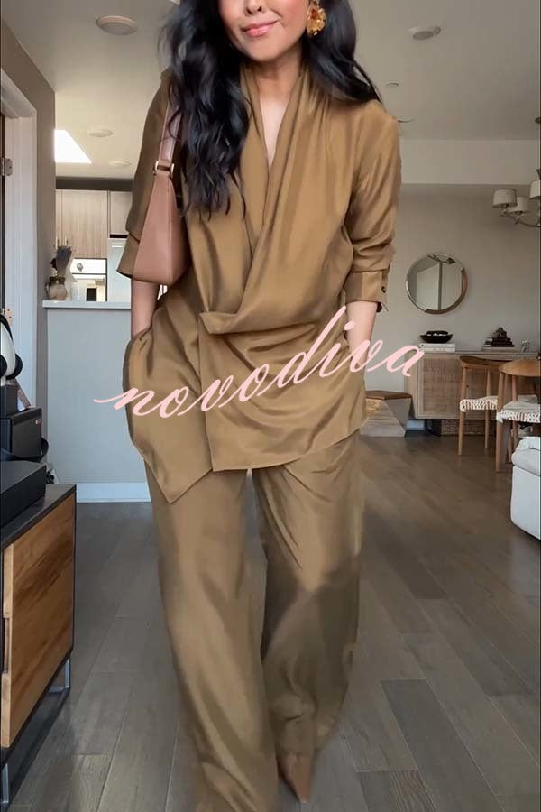Bella Satin Drape Collar Single Button Casual Blazer and Elastic Waist Pocket Loose Pants Set