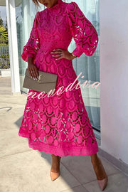 Romantic, Sensual and Elegant Crochet Lace Lantern Sleeve Party Midi Dress