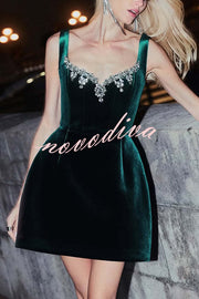 Blair Luxurious Velvet Jewel-encrusted Sweetheart Neck Pocket Tulip Stretch Mini Dress