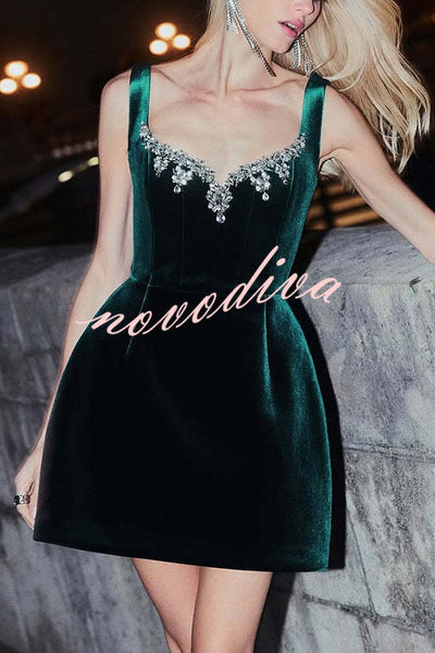 Blair Luxurious Velvet Jewel-encrusted Sweetheart Neck Pocket Tulip Stretch Mini Dress