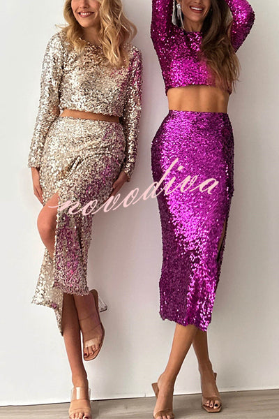 Solid Sequined Long-sleeved Crop Top and Sexy Slit Midi Skirt Set