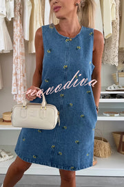 Floral Print Round Neck Sleeveless Loose Denim Mini Dress