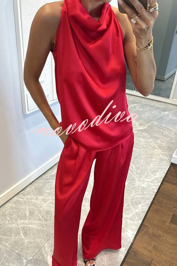 Classic on You Satin High Cowl Neck Top and Elastic Waist Pocket Loose Pants Set
