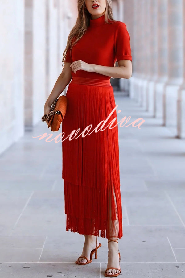 Elegant Tassel Hem Elastic Waist Casual Maxi Skirt