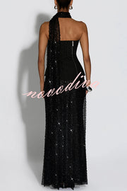 Oakley Corset Strapless Top and Sequin High Rise Maxi Skirt Scarf Set