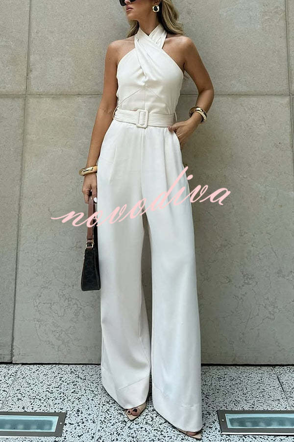 Solid Color Halterneck Sleeveless Waisted Casual Pocket Straight Jumpsuit
