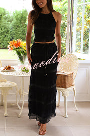 Feel Chic and Romantic Sequin Textured Material Drawstring Waist Tiered Maxi Skirt