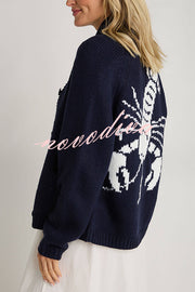 Fashion Lobster Pattern Casual Long Sleeve Knit Cardigan