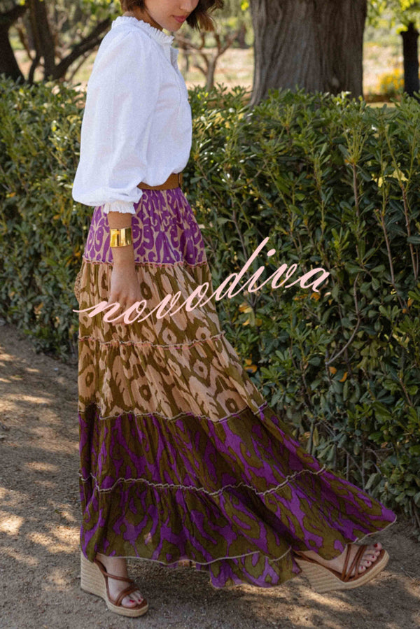 Resort Style Unique Print Elastic Waist Loose Stitching Maxi Skirt