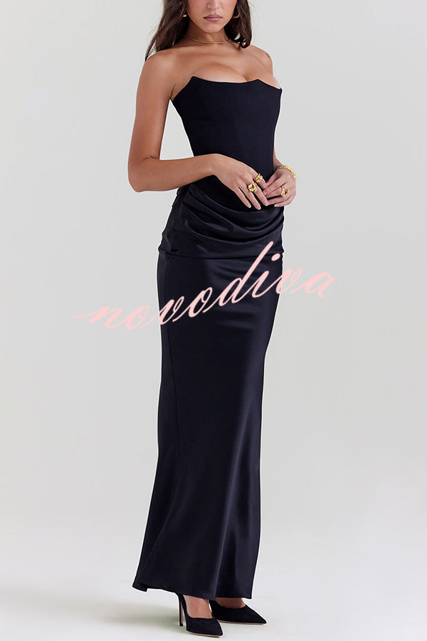 Attend The Gala Strapless Corset Satin Ruched Hip Drape Maxi Dress