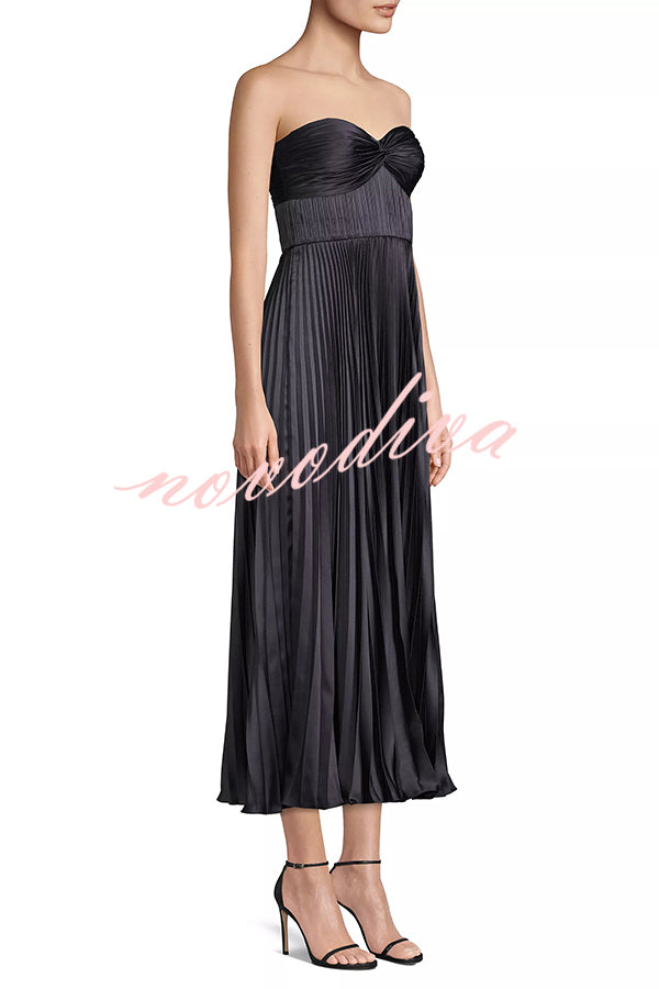 Love Note Satin Sweetheart Twist Off Shoulder Pleated Maxi Dress