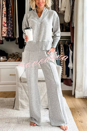 Weather Gets Cold Solid Color V-neck Top and Elastic Waist Pocketed Lounge Pants Set