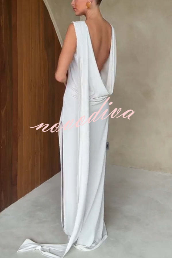 Utterly Perfect Back Drape Cowl Lightweight Slit Stretch Maxi Dress