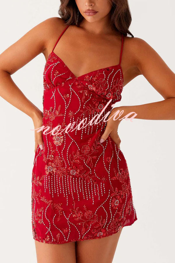 Looking Amazing Sequin Beaded Material Back Lace-up Cami Mini Dress