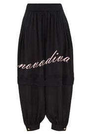 Esella Satin Gathered Waist Pocket Button Ankle Cuffs Harem Pant