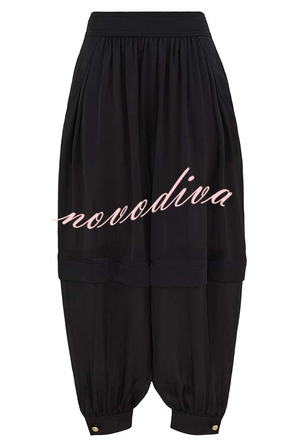 Esella Satin Gathered Waist Pocket Button Ankle Cuffs Harem Pant