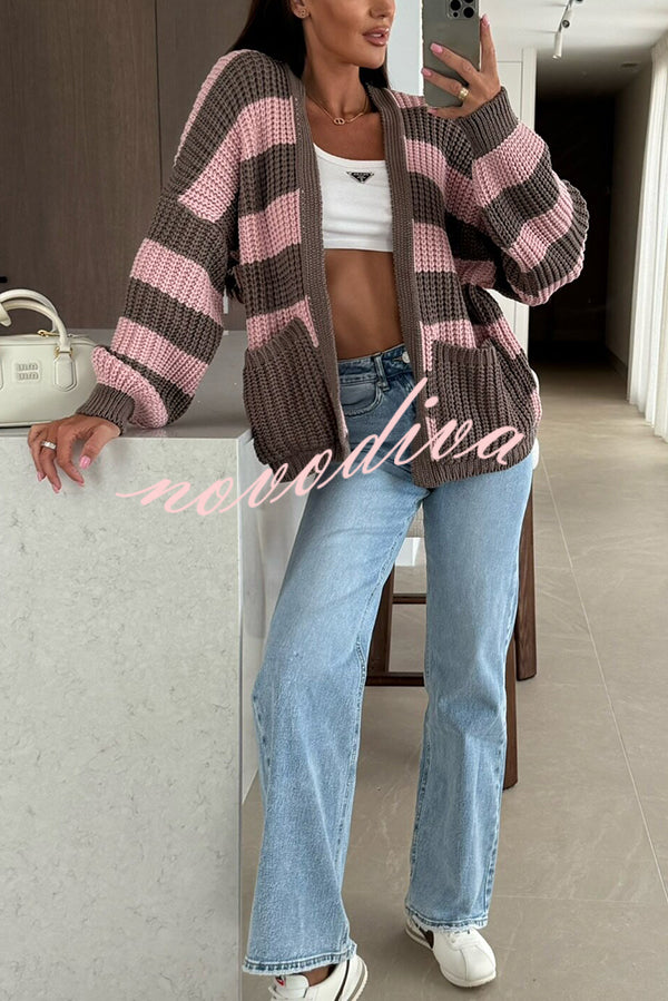 Fashionable Patchwork Striped Casual Pocket Knitted Sweater
