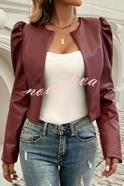 Yelissa Faux Leather Statement Long Sleeve Open Front Crop Jacket