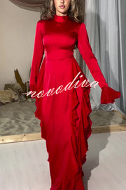 Cline Solid Color High Neck Long Sleeve Elegant Ruffles Maxi Dress