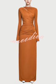 Stylish Long-sleeved Slim-fit Pleated Elegant Maxi Dress