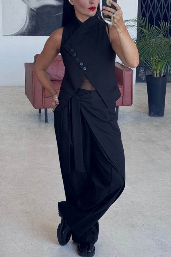 Urban Charm Wrap Tie-up Elastic Waist Pocketed Wide Leg Pants