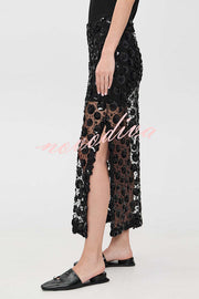 Gorgeous Flower Embellished Sequin Sheer High Rise Slit Midi Skirt