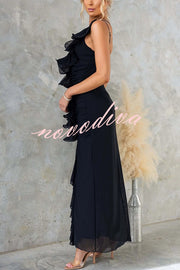 Fashion One-shoulder Pleated Sexy High Slit Slim Dress