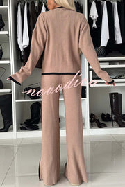 Warm Embrace Knit Ribbed Colorblock Trim Pocket Top and Stretch Slit Pants Set