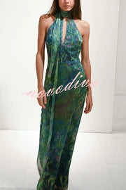 Monet Garden Art Print Turtleneck Cutout Backless Scarf Maxi Dress