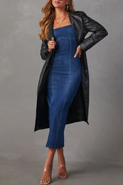 Warren Suspender Back Zipper Denim Maxi Dress