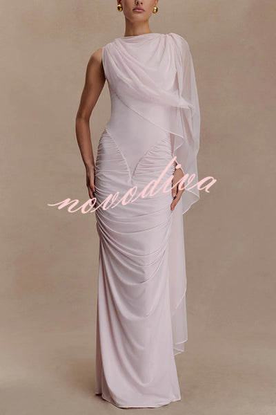 Fashionable Mesh Shawl Sleeveless Slim Fit Pleated Maxi Dress
