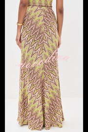 Moonlit Waltz Knit Jacquard Zigzag Print High Rise Stretch Flare Maxi Skirt
