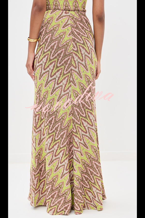Moonlit Waltz Knit Jacquard Zigzag Print High Rise Stretch Flare Maxi Skirt