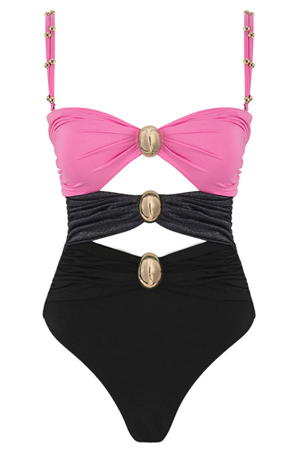 Color Block Patchwork Hollow Metal Decorative Stretch One-piece Swimsuit