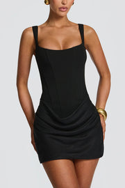 Cornelia Square Neck Back Lace-up Satin Drape Hem Mini Dress