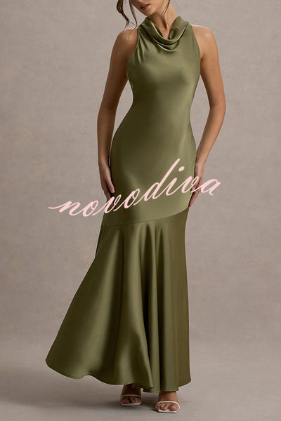 Timeless Sophistication Satin Cowl Detail Back Self-tie Halter Neck Maxi Dress