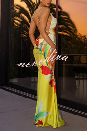 Luisa Satin Floral Print Cowl Neck Sexy Open Back Tie-up Maxi Dress
