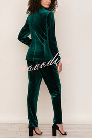 Solid Color Velvet Long-sleeve Blazer and Elastic Waist Pocket Pants Set