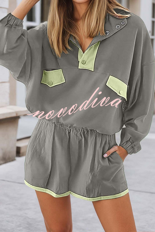 Fashion Contrast Color Stitching Stand Collar Long Sleeve Top and Elastic Waist Loose Pocket Shorts Set