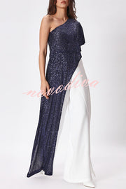 Party Favors Sequin One Shoulder Ruffle Detail Wide Leg Evening Jumpsuit