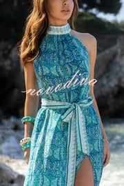 Unique Print Sexy Off-the-shoulder Waist Tie Slit Holiday Midi Dresses