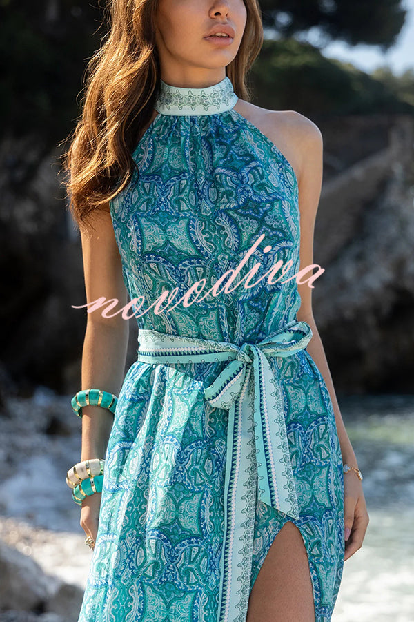 Unique Print Sexy Off-the-shoulder Waist Tie Slit Holiday Midi Dresses