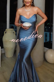 Jessica Satin Off Shoulder V-neck Ruched Detail Fishtail Maxi Dress