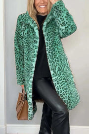 Leopard Print Lapel Long Sleeve Mid-length Plush Coat