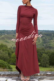 Venus Long Sleeve Ruched Side Slit Drape Ruffles Back Lace-up Stretch Maxi Dress